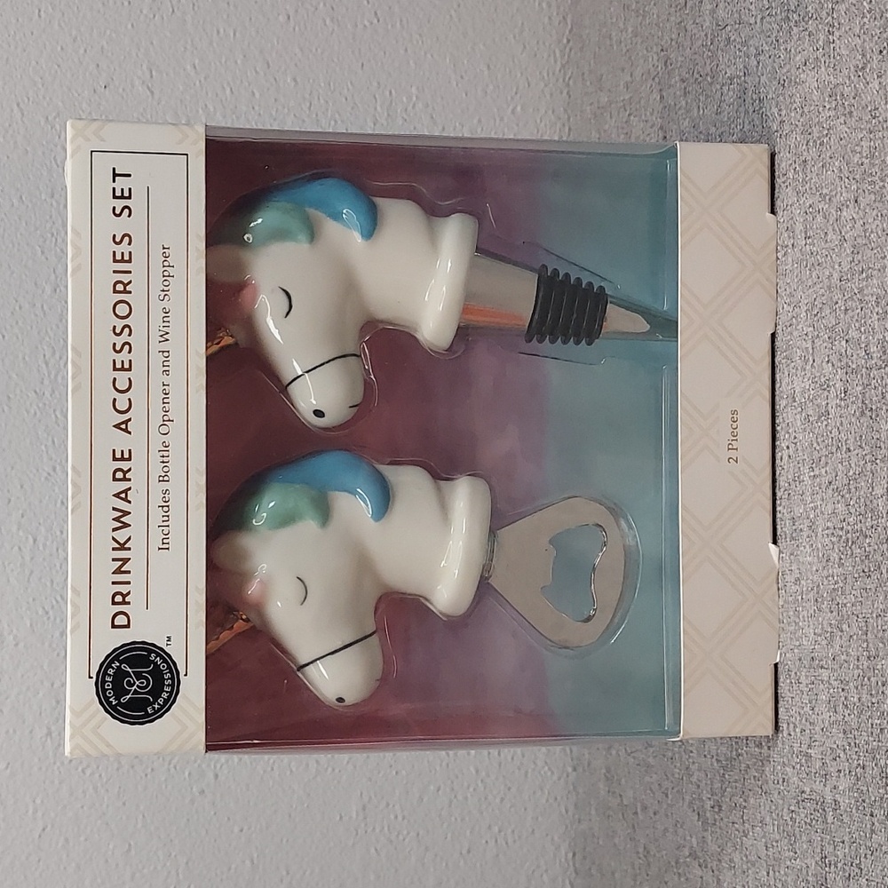 Modern Expressions Unicorn Drinkware Accessories Set Bottle Opener Wine Stopper